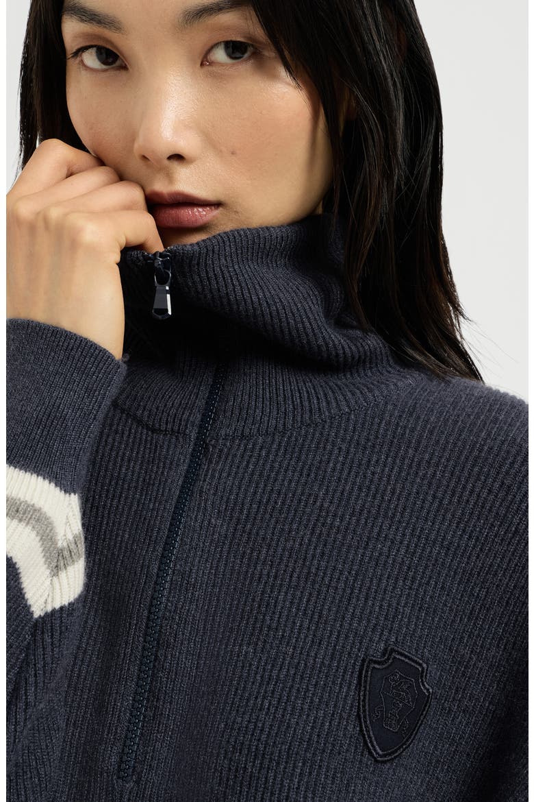 Cashmere English rib turtleneck sweater with half-zip and logo, Alternate, color, Navy Blue