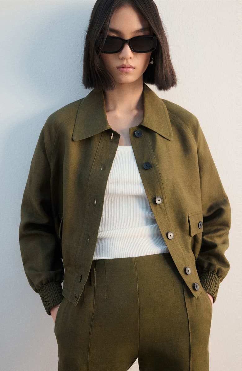 MANGO High Waist Linen Blend Shorts, Alternate, color, Khaki Green