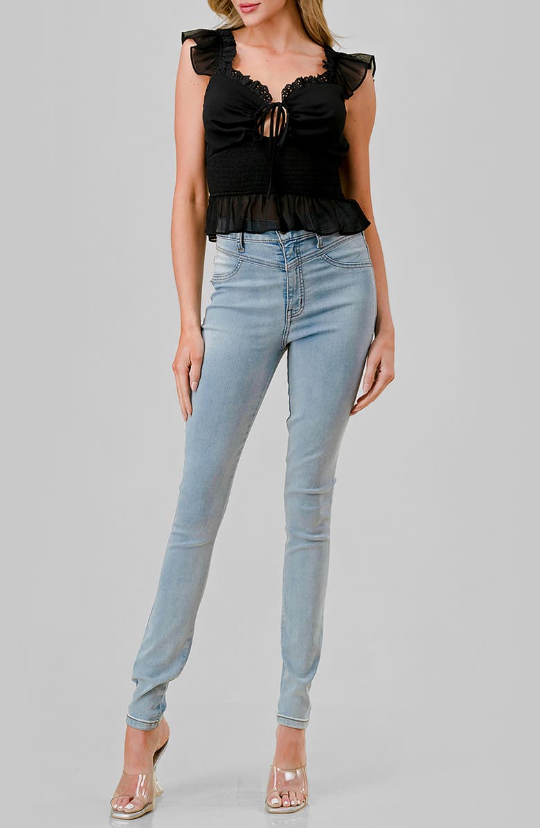 Beivy Ruffle Cap Sleeve Smocked Crop Top, Alternate, color, Black