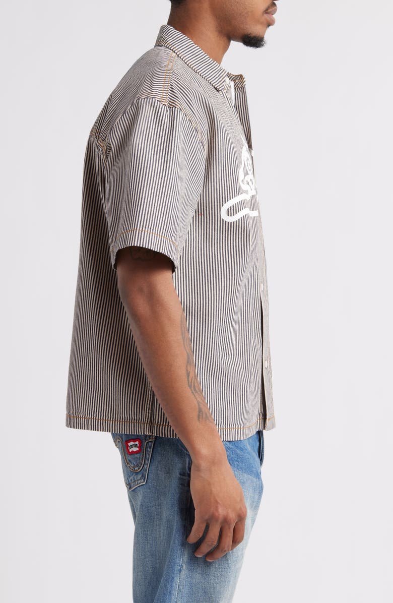 ICECREAM Running Dog Short Sleeve Denim Graphic Button-Up Shirt, Alternate, color, Hickory Stripe