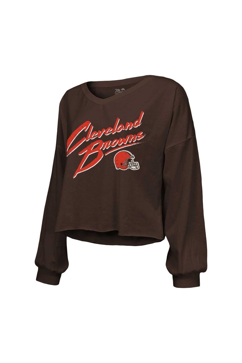 Women's Majestic Threads Nick Chubb Brown Cleveland Browns Name & Number Off-Shoulder Script Cropped Long Sleeve V-Neck T-Shirt, Alternate, color, Brown
