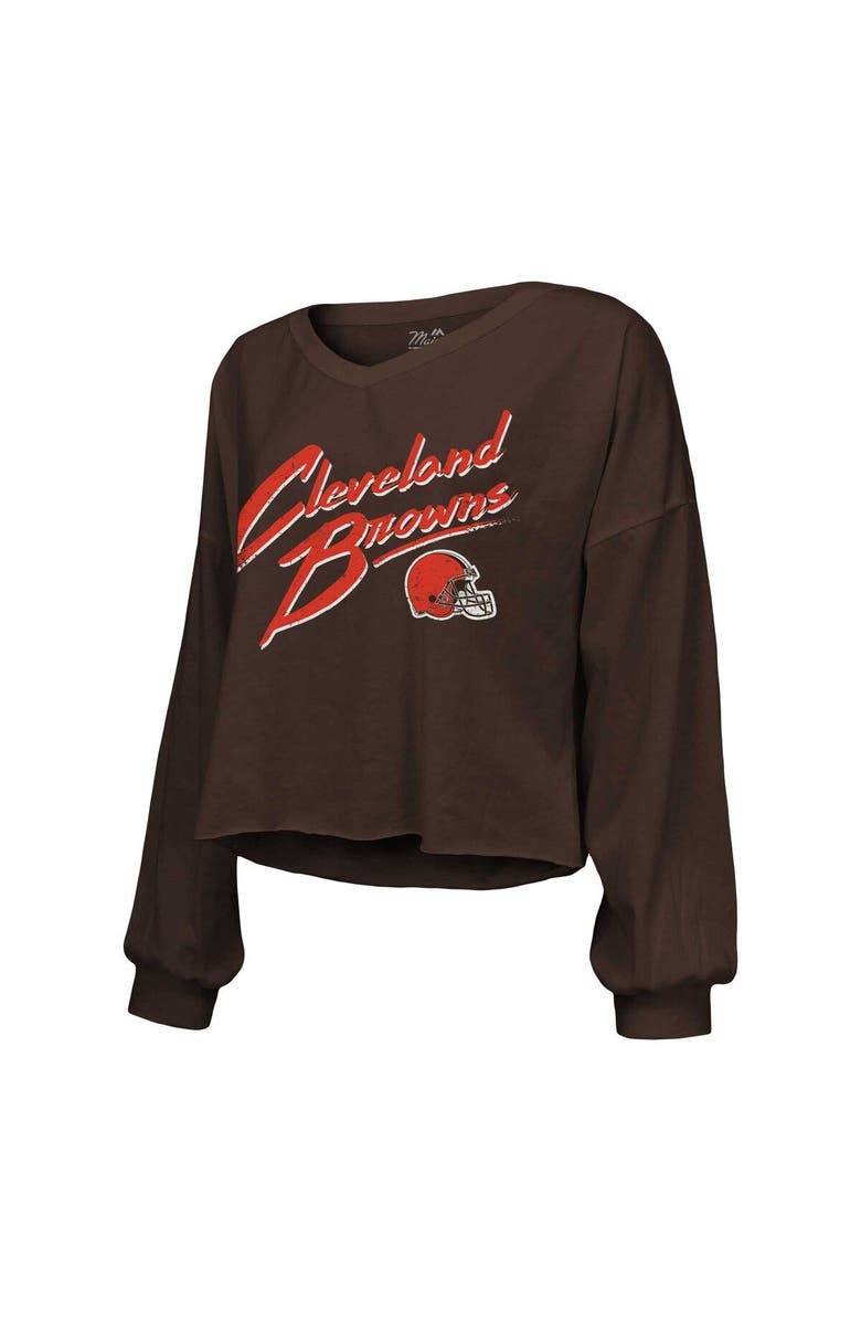 Majestic Threads Women's Majestic Threads Nick Chubb Brown Cleveland Browns Name & Number Off-Shoulder Script Cropped Long Sleeve V-Neck T-Shirt, Alternate, color,