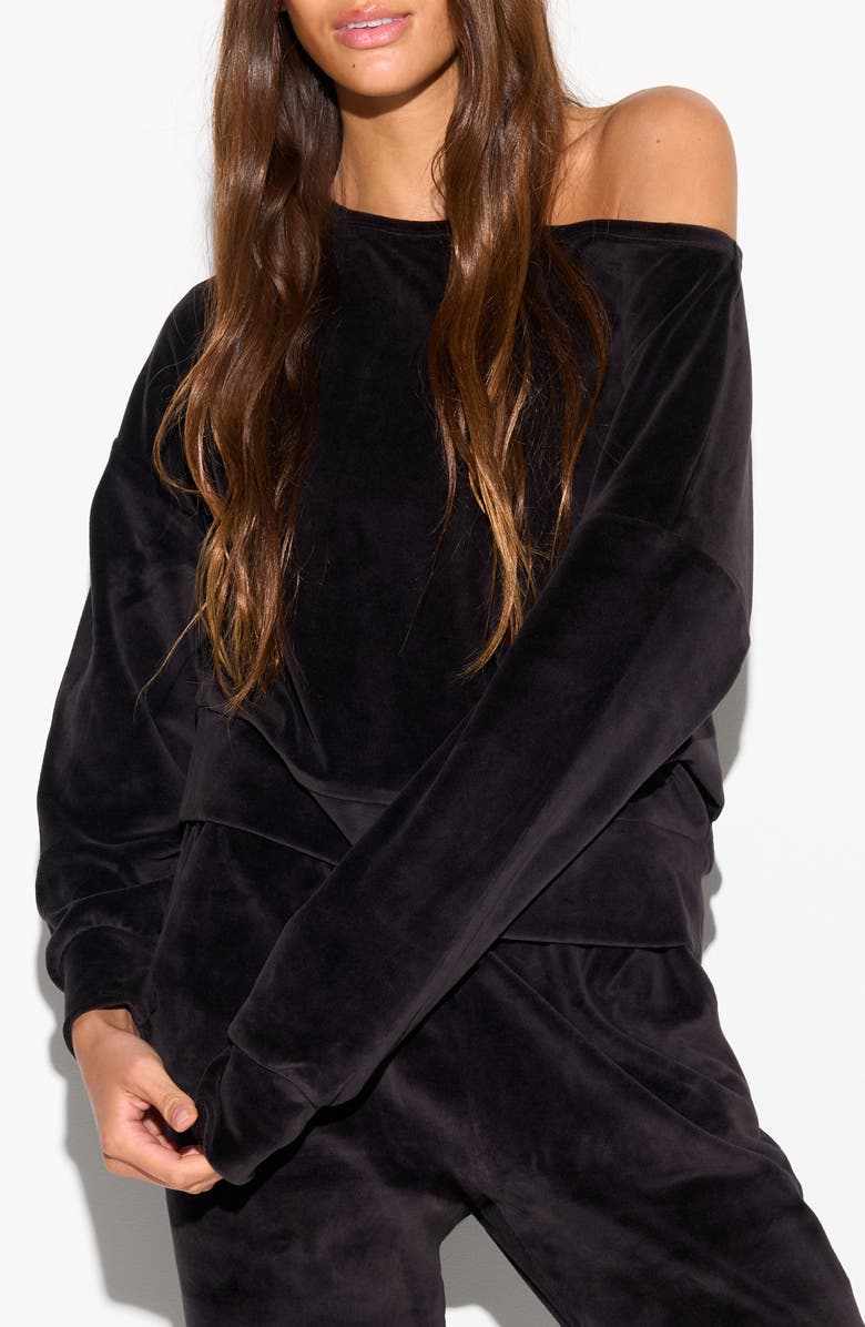 Spiritual Gangster Ava Off the Shoulder Velour Sweatshirt, Main, color, Black