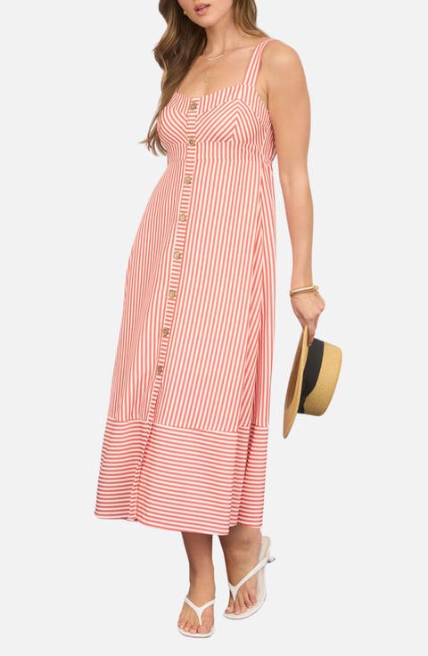 Stripe Button Trim Midi Dress