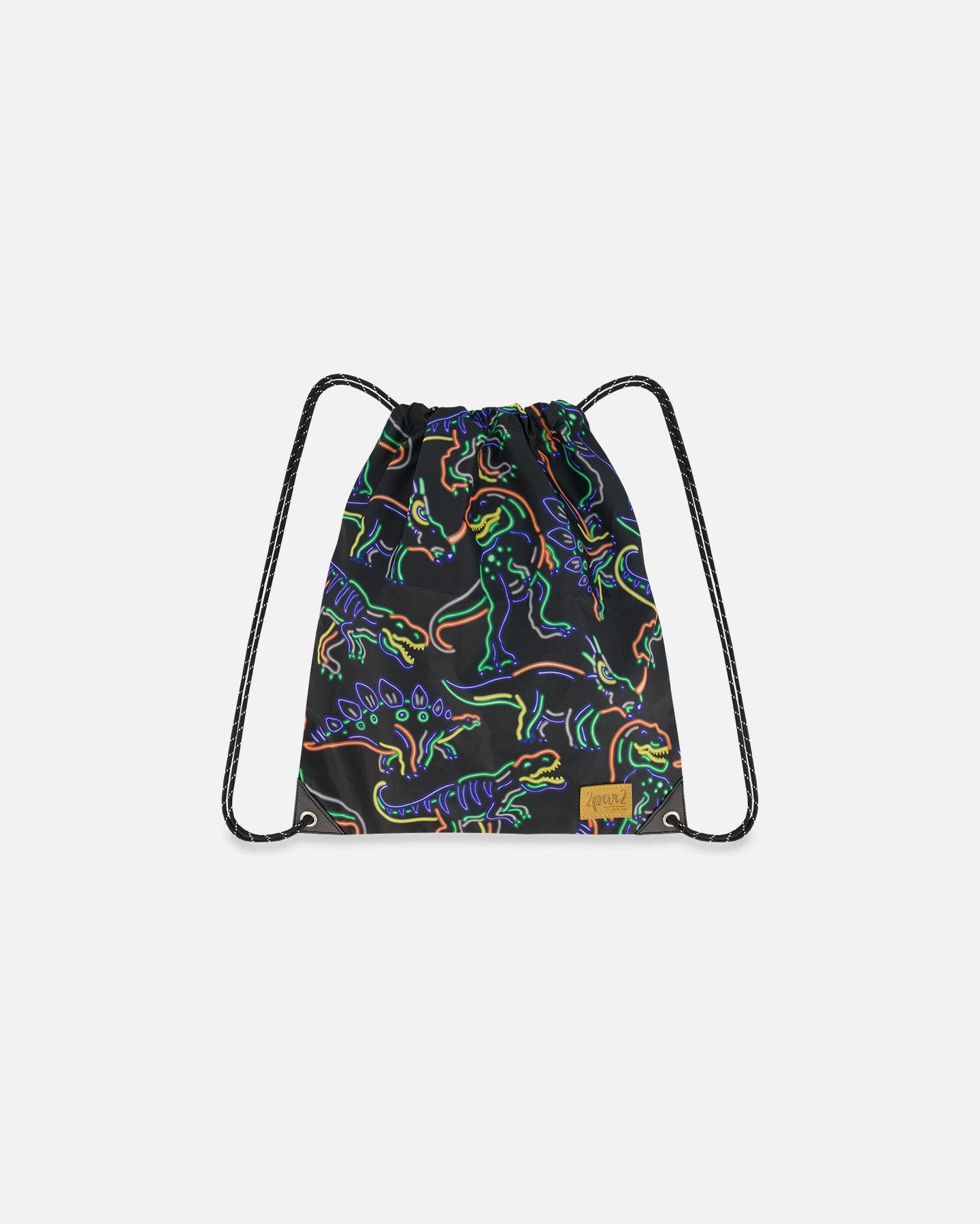 Deux par Deux Boy's Drawstring Bag Black Printed Neon Dino, Main, color, 