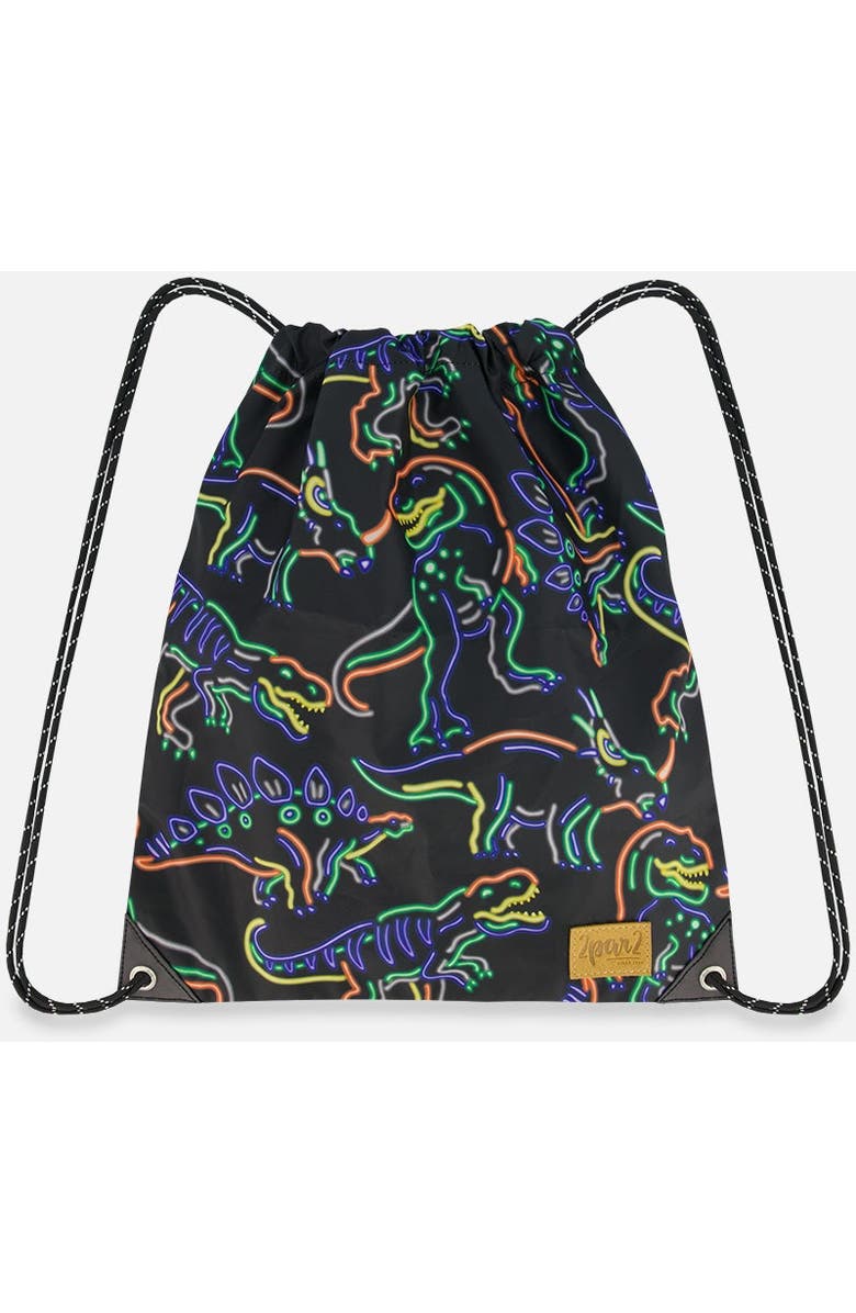 Deux par Deux Boy's Drawstring Bag Black Printed Neon Dino, Main, color,