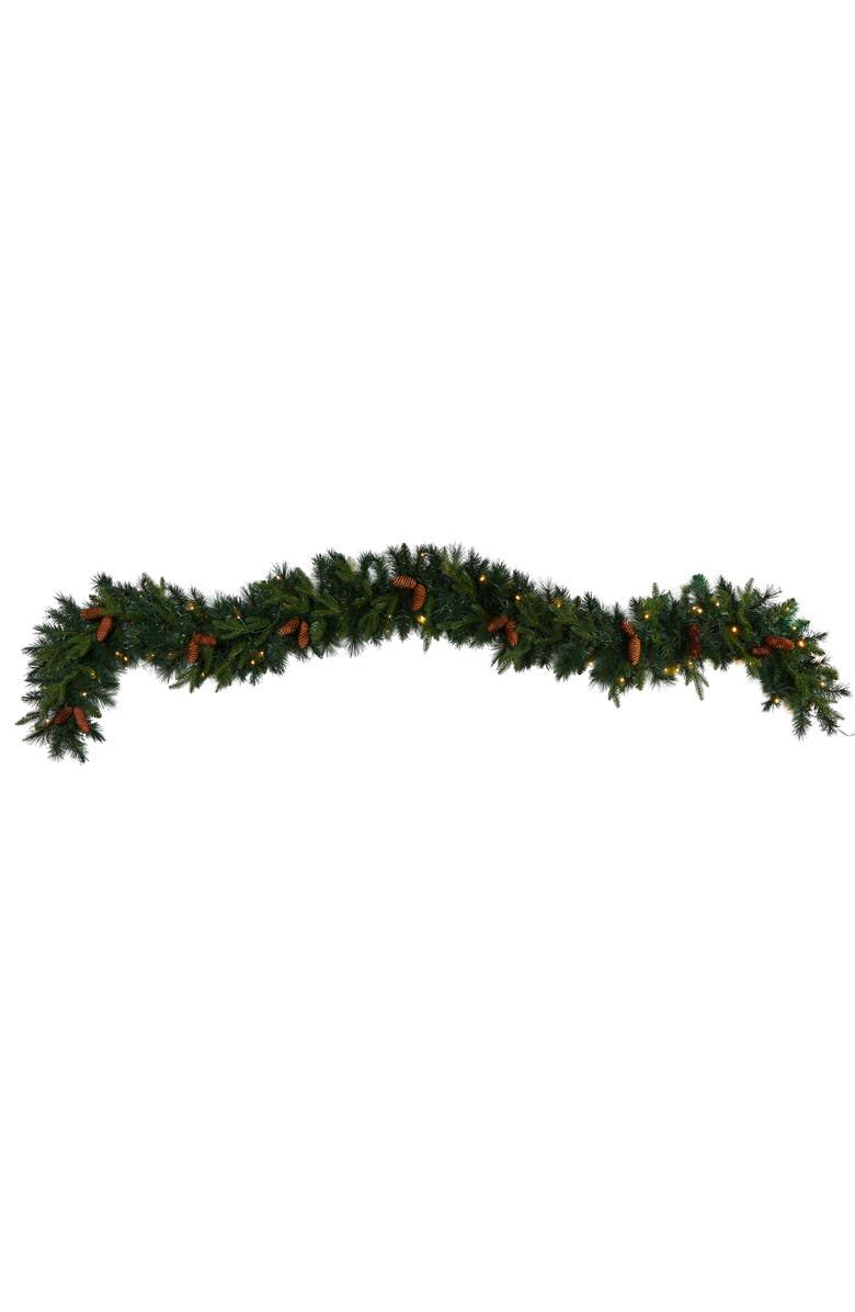 NEARLY NATURAL 9-ft Mixed Pines and Pinecones Extra Wide Artificial Christmas Garland with 286 Bendable Branches and 70 Warm White LED Lights, Main, color, Green