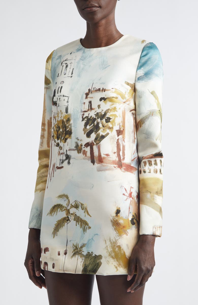 Oscar de la Renta Dominican Landscape Long Sleeve Minidress, Alternate, color, Blue Green Mult