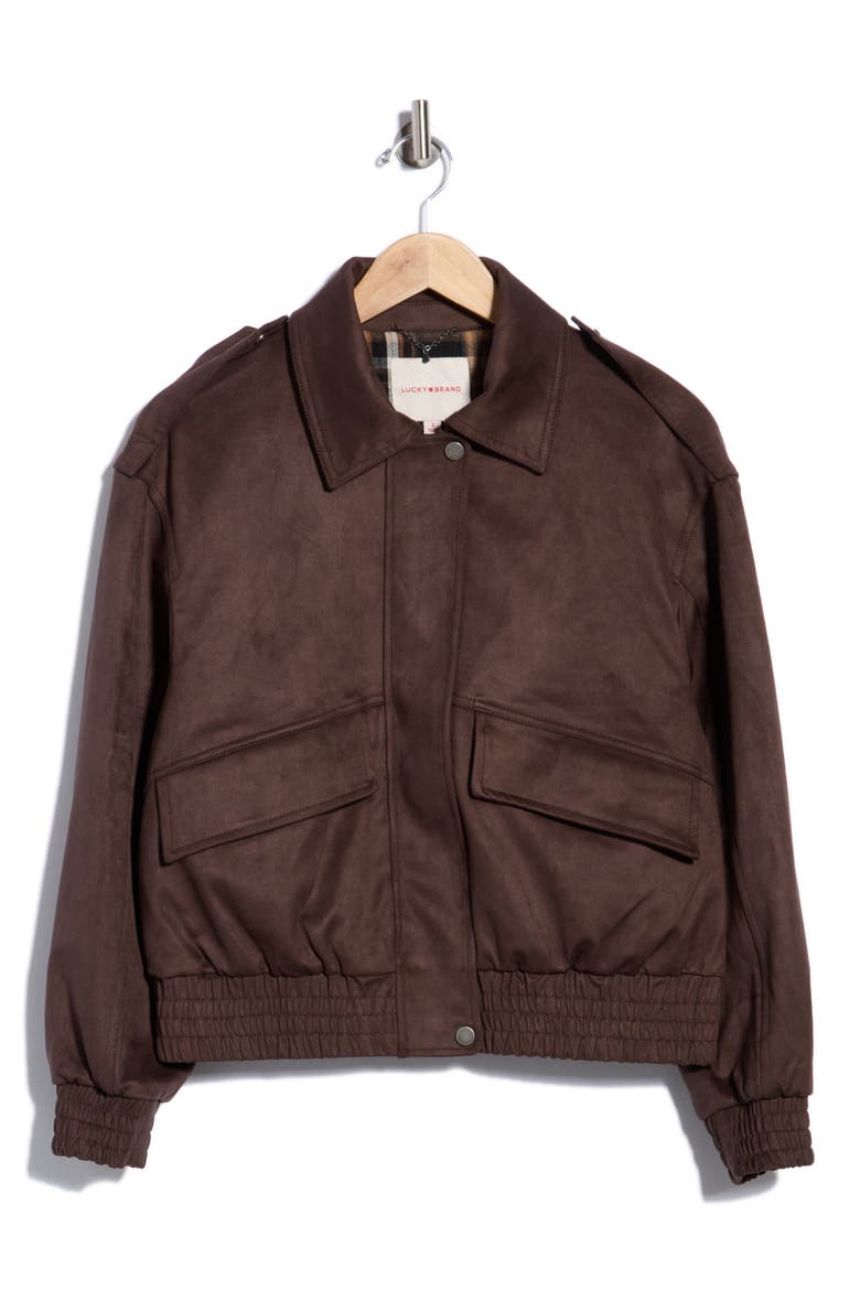 Faux Suede Bomber Jacket, Main, color, DK BROWN