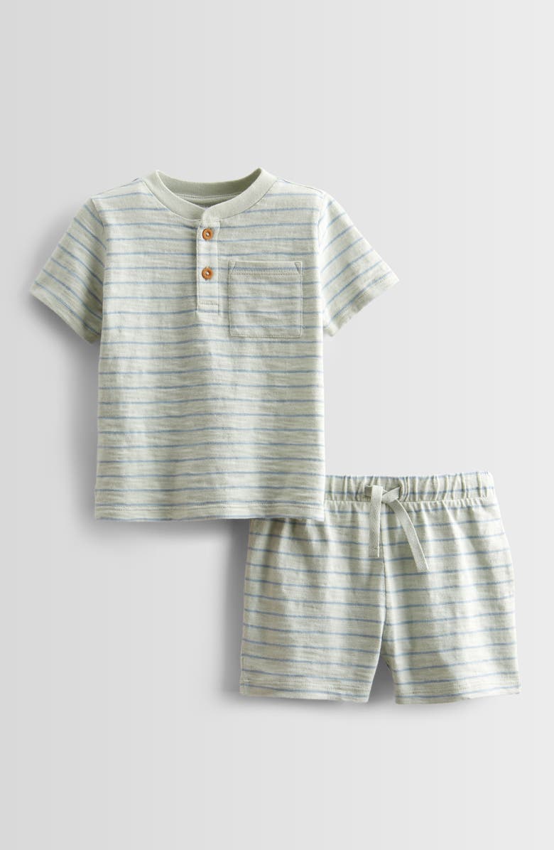 Nordstrom Stripe Short Sleeve Henley & Drawstring Shorts Set, Main, color, Green Hush- Blue Stripe