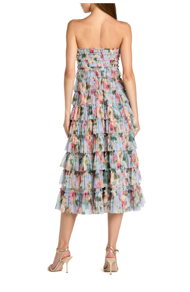 Mac Duggal Printed Mesh Ruffle Strapless Midi Dress, Alternate, color, Blue Multi