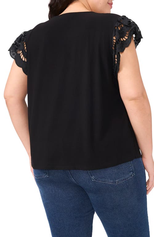 Cece Embroidered Flutter Sleeve Mixed Media Top In Black