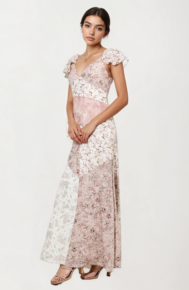 Knit and Lounge Flutter Sleeve Maxi Dress with Patchwork Design, Alternate, color, 