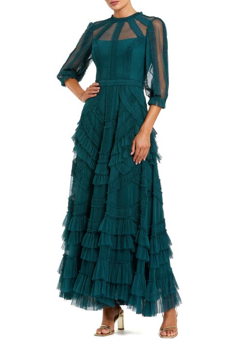 Petite 3/4 Puff Sleeve Mesh Mirco Ruffle Gown