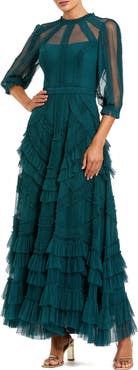 Mac Duggal Petite 3/4 Puff Sleeve Mesh Mirco Ruffle Gown