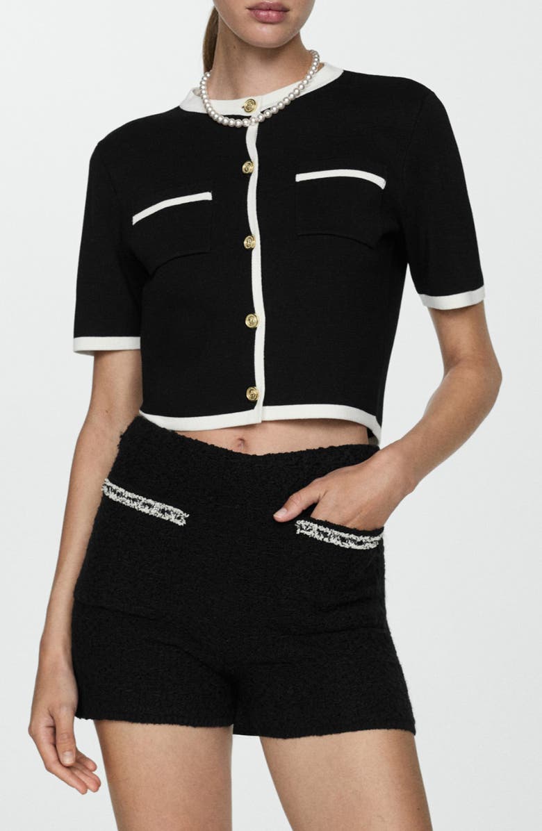 MANGO Contrast Trim Short Sleeve Cardigan, Main, color, Black