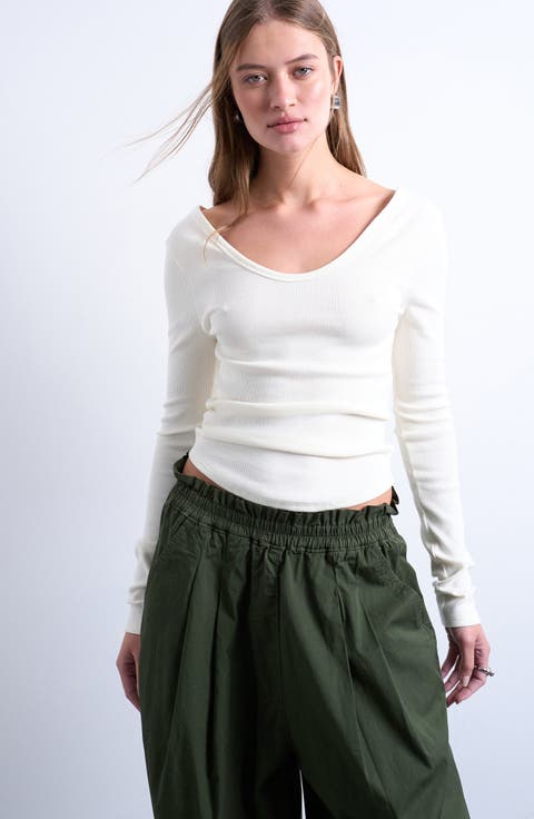 Double V-Neck Long Sleeve Stretch Cotton Rib Top