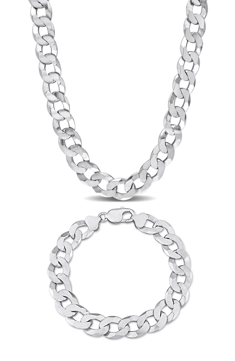 DELMAR Men's Flat Curb Chain Necklace & Bracelet Set, Main, color, White