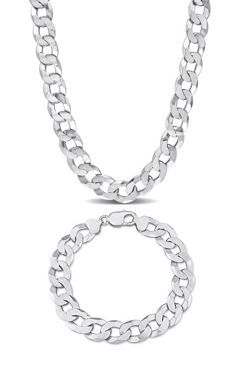 Men's Flat Curb Chain Necklace & Bracelet Set