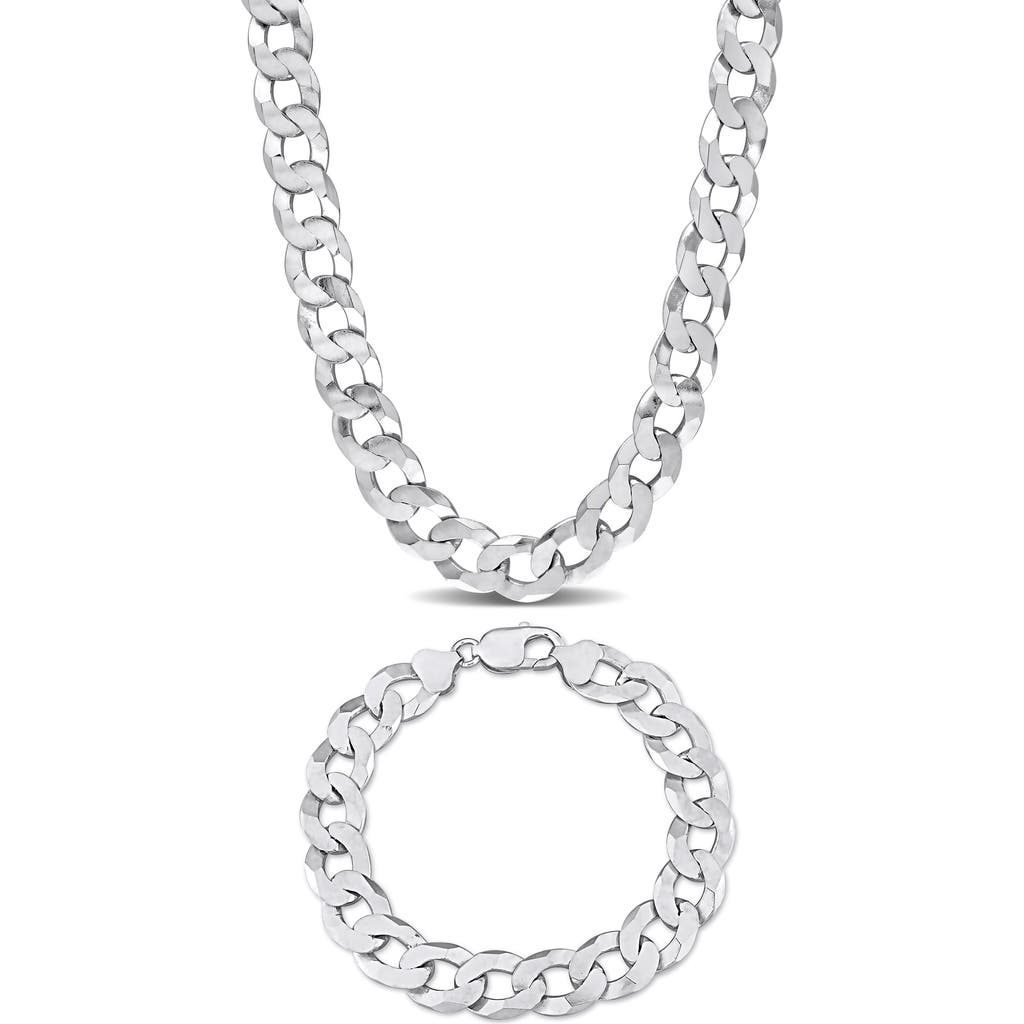 Delmar Flat Curb Chain Necklace & Bracelet Set In White