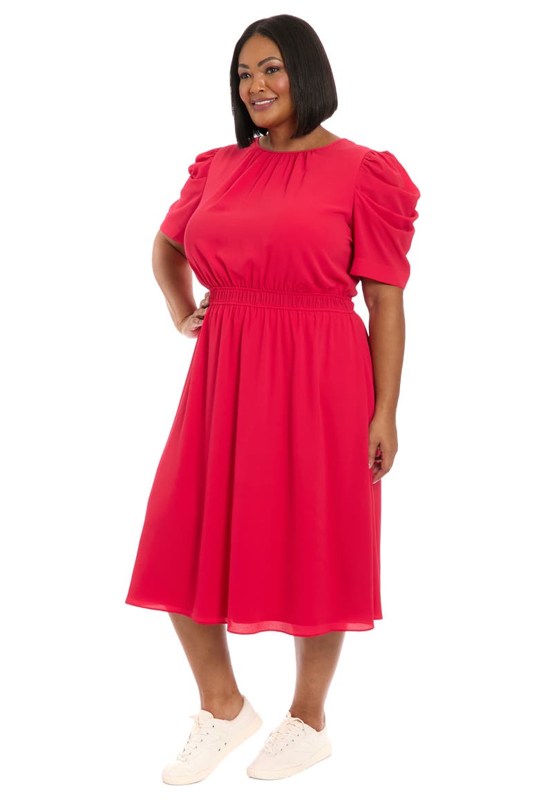 Shirred Crewneck Midi Dress, Alternate, color, ROSE RED