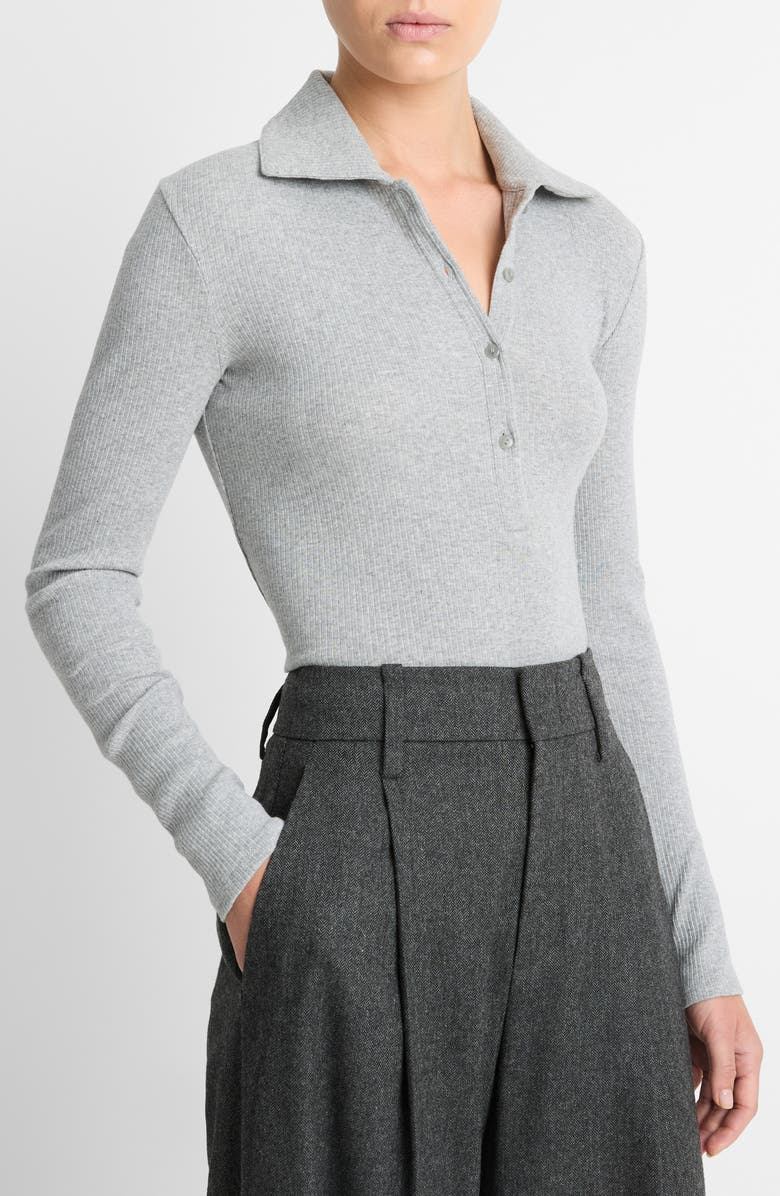 Vince Long Sleeve Rib Polo, Alternate, color, Heather Mid Grey