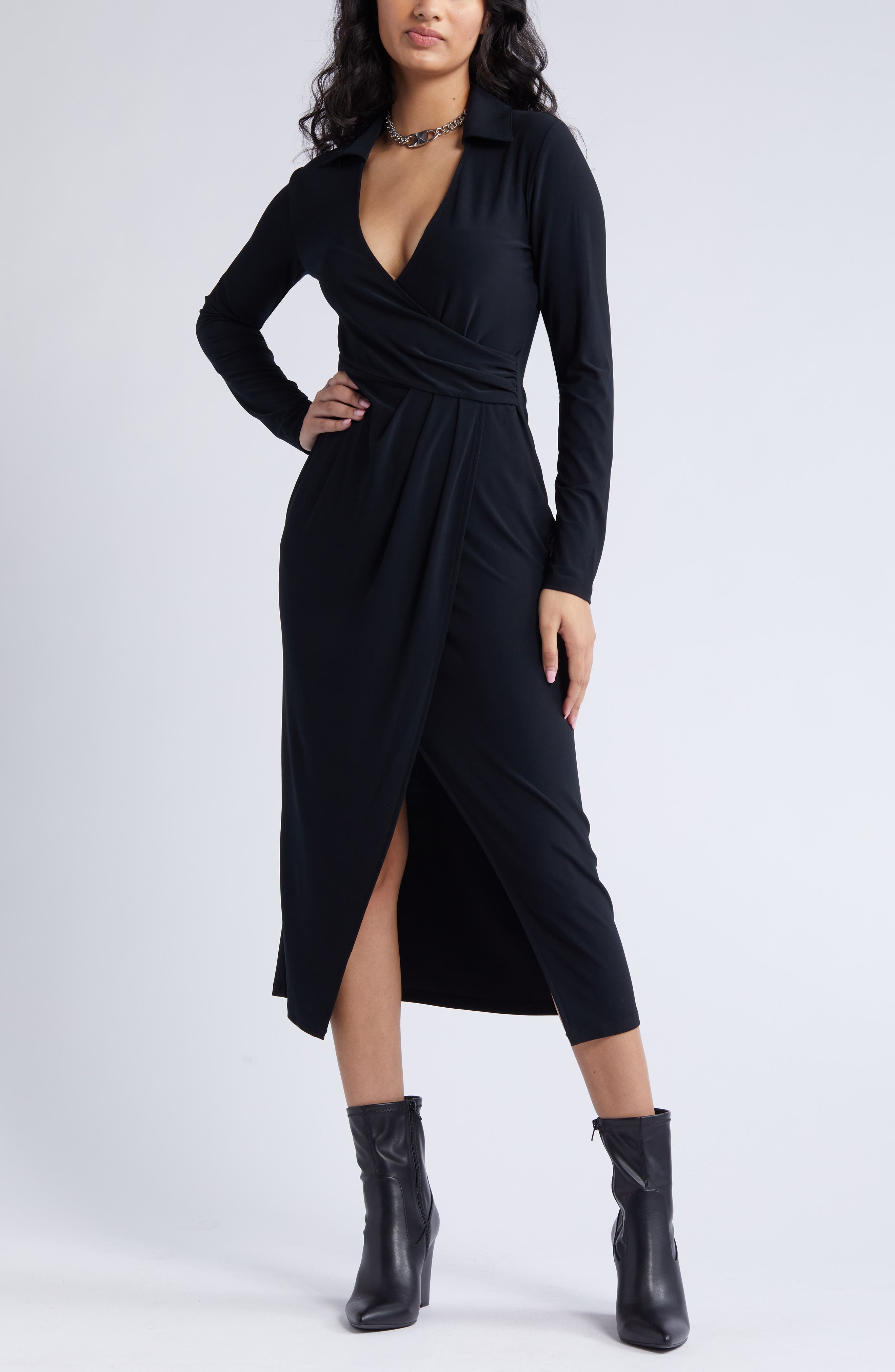 Open Edit Long Sleeve Faux Wrap Jersey Dress (Women) | Nordstromrack