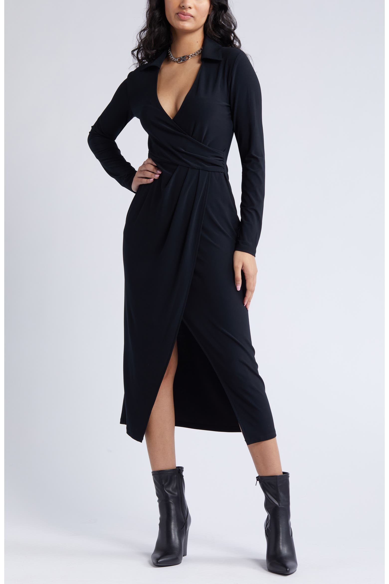 Open Edit Long Sleeve Faux Wrap Jersey Dress (Women) | Nordstromrack