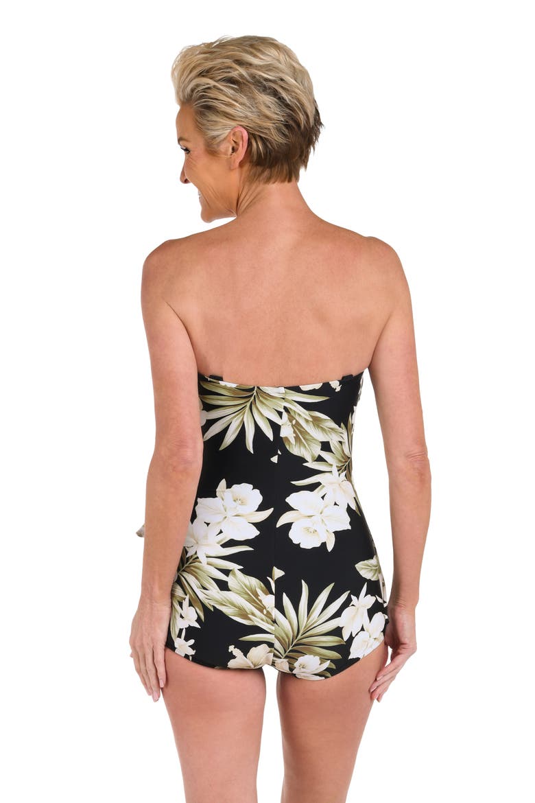 Greenery Bandeau Sarong One-Piece Swimsuit, Alternate, color, BLACK