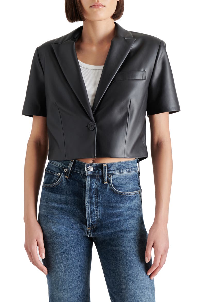 Fayette Short Sleeve Faux Leather Blazer, Main, color, BLACK