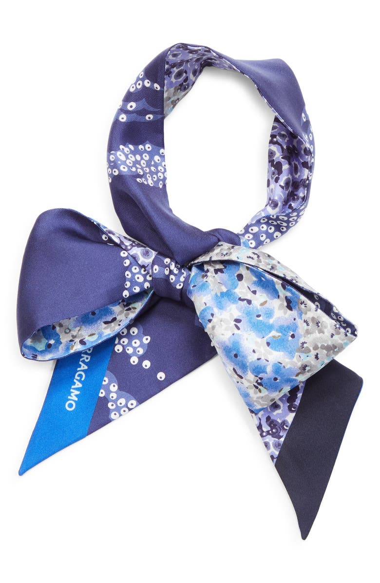 FERRAGAMO Fiorenza Floral Reversible Silk Skinny Scarf, Alternate, color, New Navy/Blu