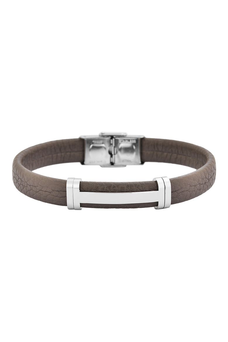 Men's Stainless Steel Cutout ID Leather Bracelet, Main, color, GREY