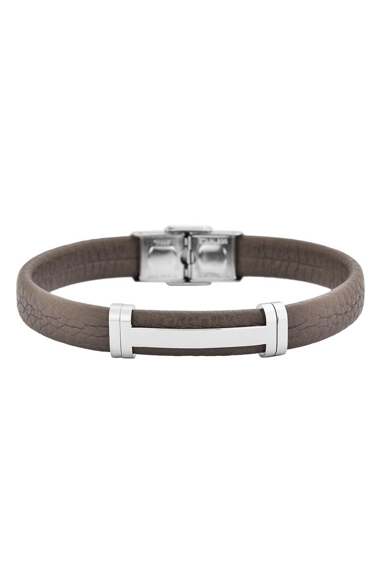 GEOFFREY BEENE Men's Stainless Steel Cutout ID Leather Bracelet, Main, color, Grey