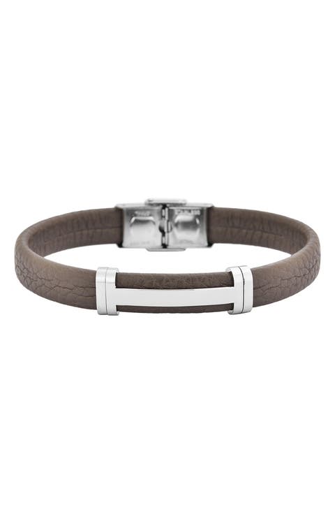 Men's Stainless Steel Cutout ID Leather Bracelet