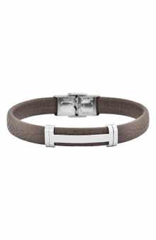 GEOFFREY BEENE Men's Stainless Steel Cutout ID Leather Bracelet