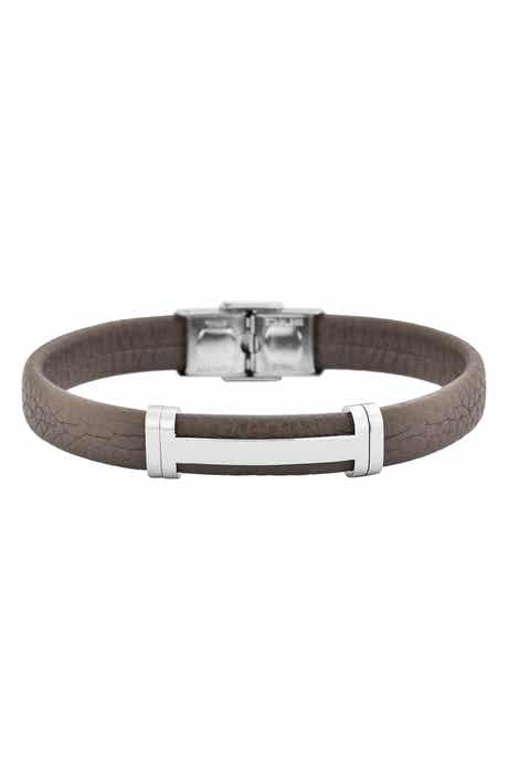 GEOFFREY BEENE Men's Stainless Steel Cutout ID Leather Bracelet