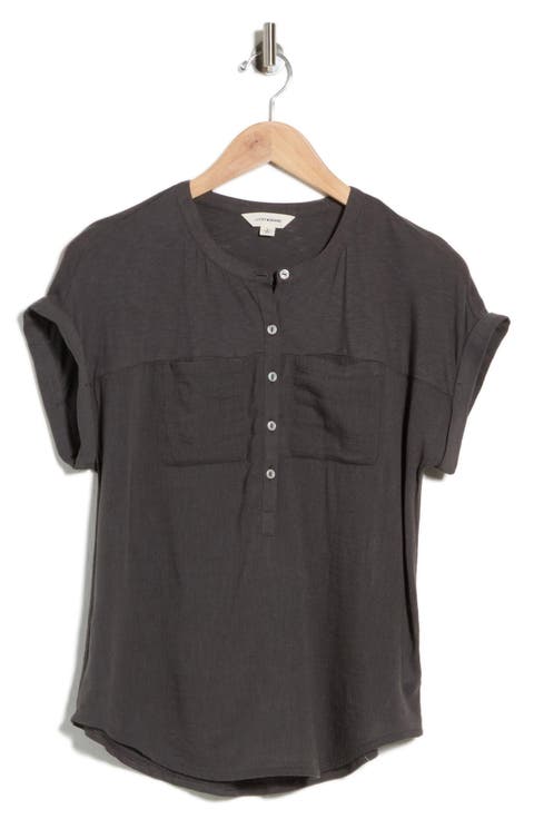 Mixed Media Short Sleeve Cotton Henley Top