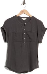 Lucky Brand Mixed Media Short Sleeve Cotton Henley Top