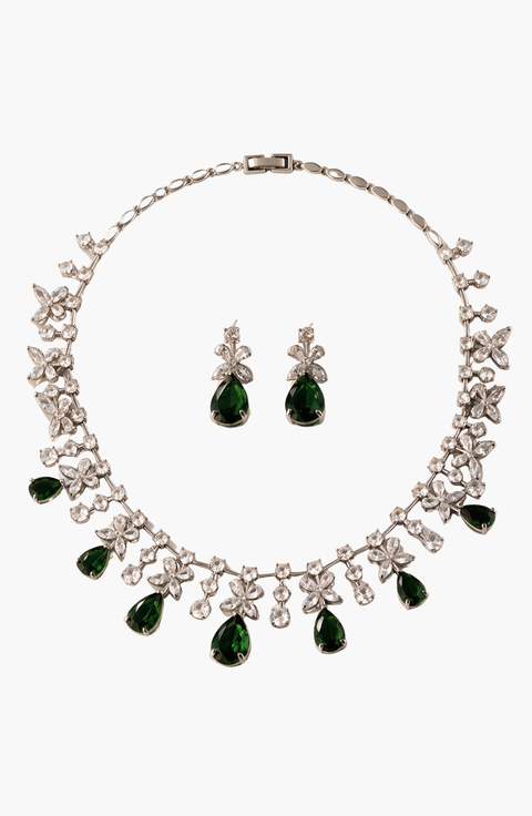 Crystal Floral Necklace And Teardrop Earring Set