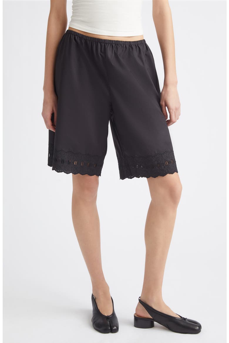 Pepita Eyelet Trim Cotton Poplin Shorts, Main, color, BLACK