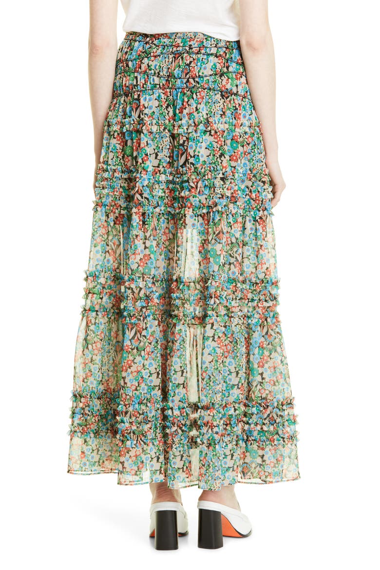 Amadea Floral Tiered Ruffle Maxi Skirt, Alternate, color, BLACK
