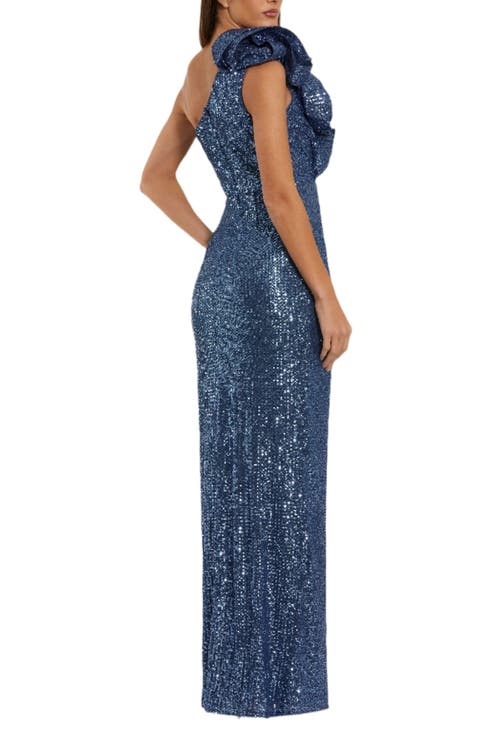 Mac Duggal One Shoulder Sequin Column Dress With Ruffle In Blue