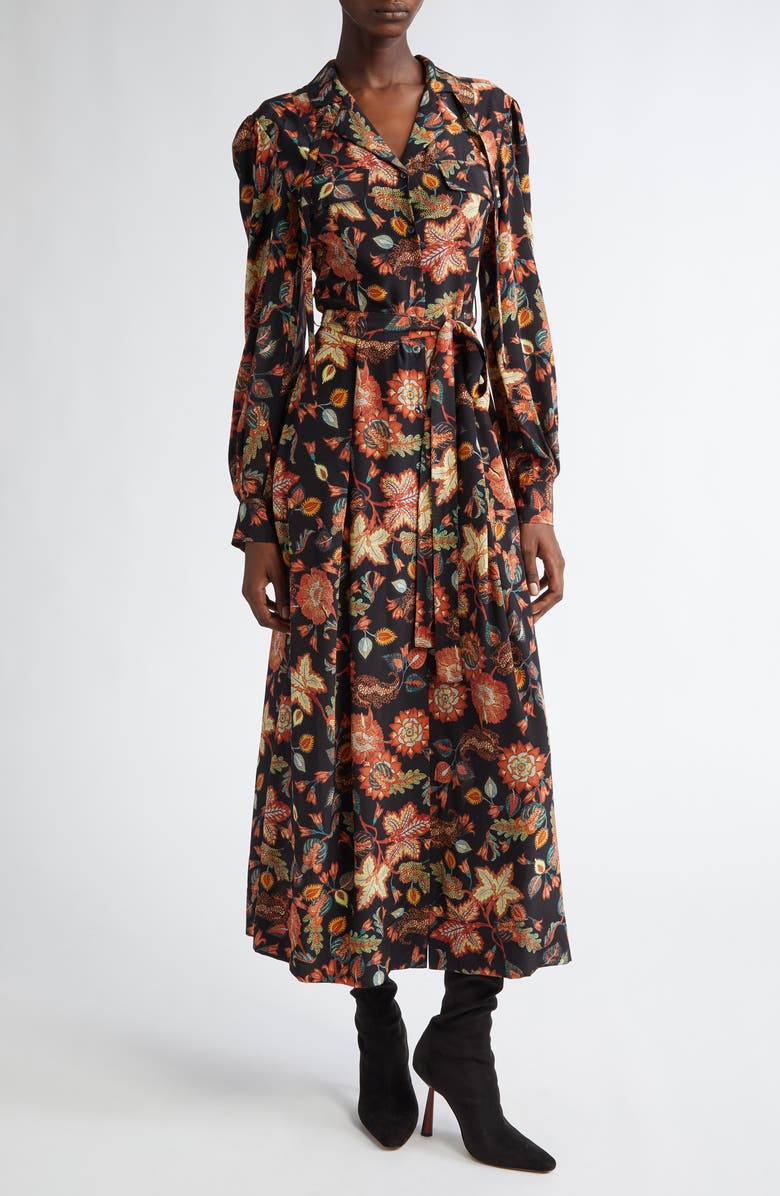 Ulla Johnson Giselle Floral Long Sleeve Silk Shirtdress, Alternate, color, Hellebore