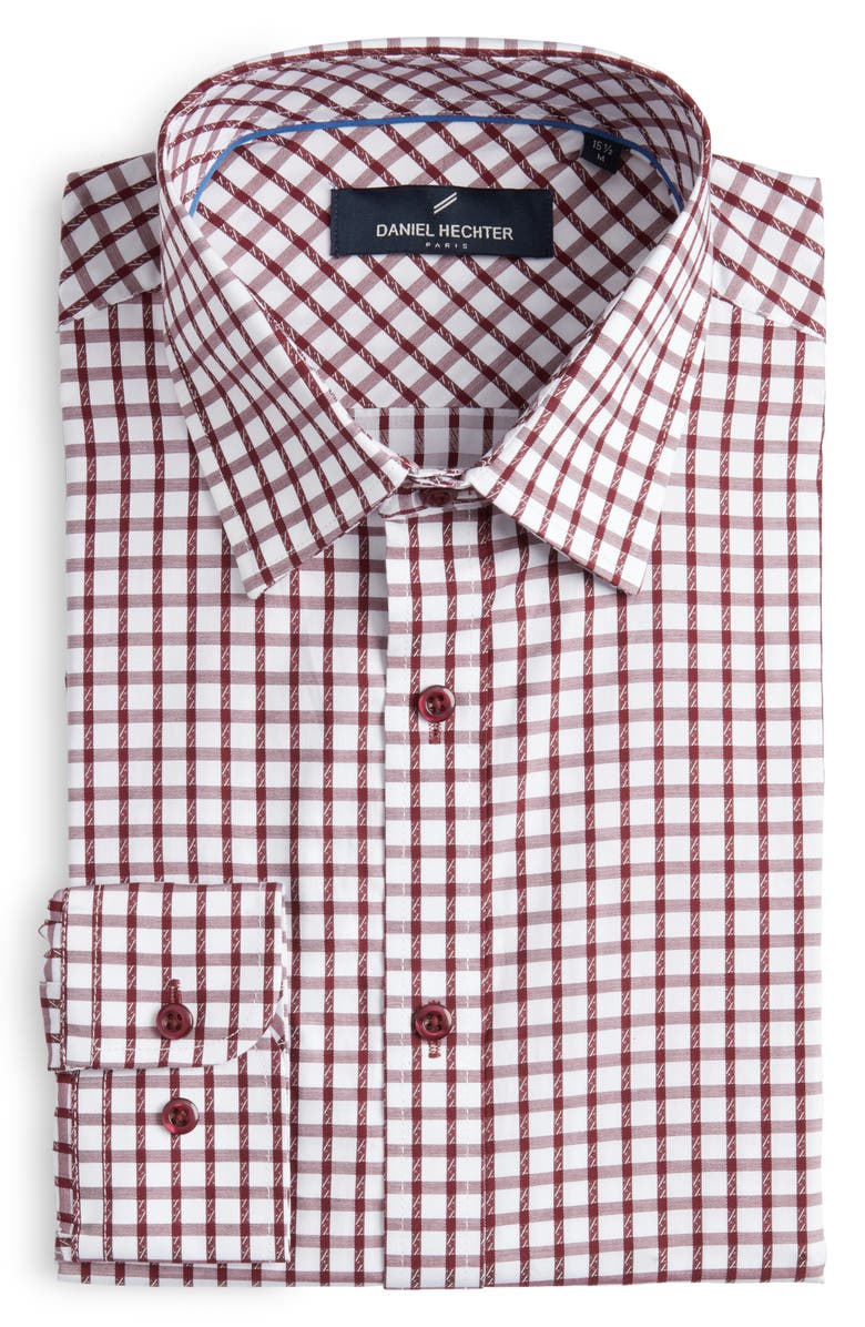 DANIEL HECHTER Trim Fit Windowpane Check Cotton Dress Shirt, Alternate, color, Burgundy