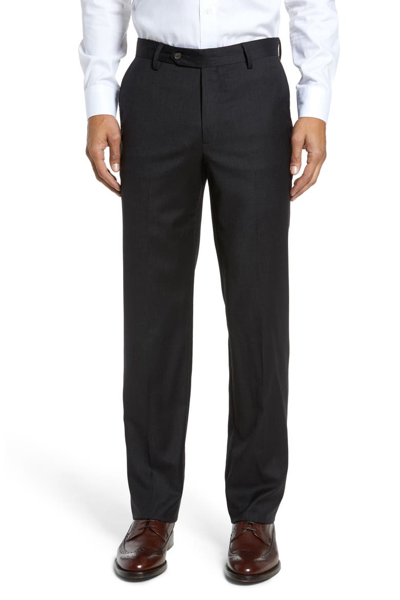 Flat Front Modern Fit Gabardine Stretch Wool Trousers, Main, color, CHARCOAL