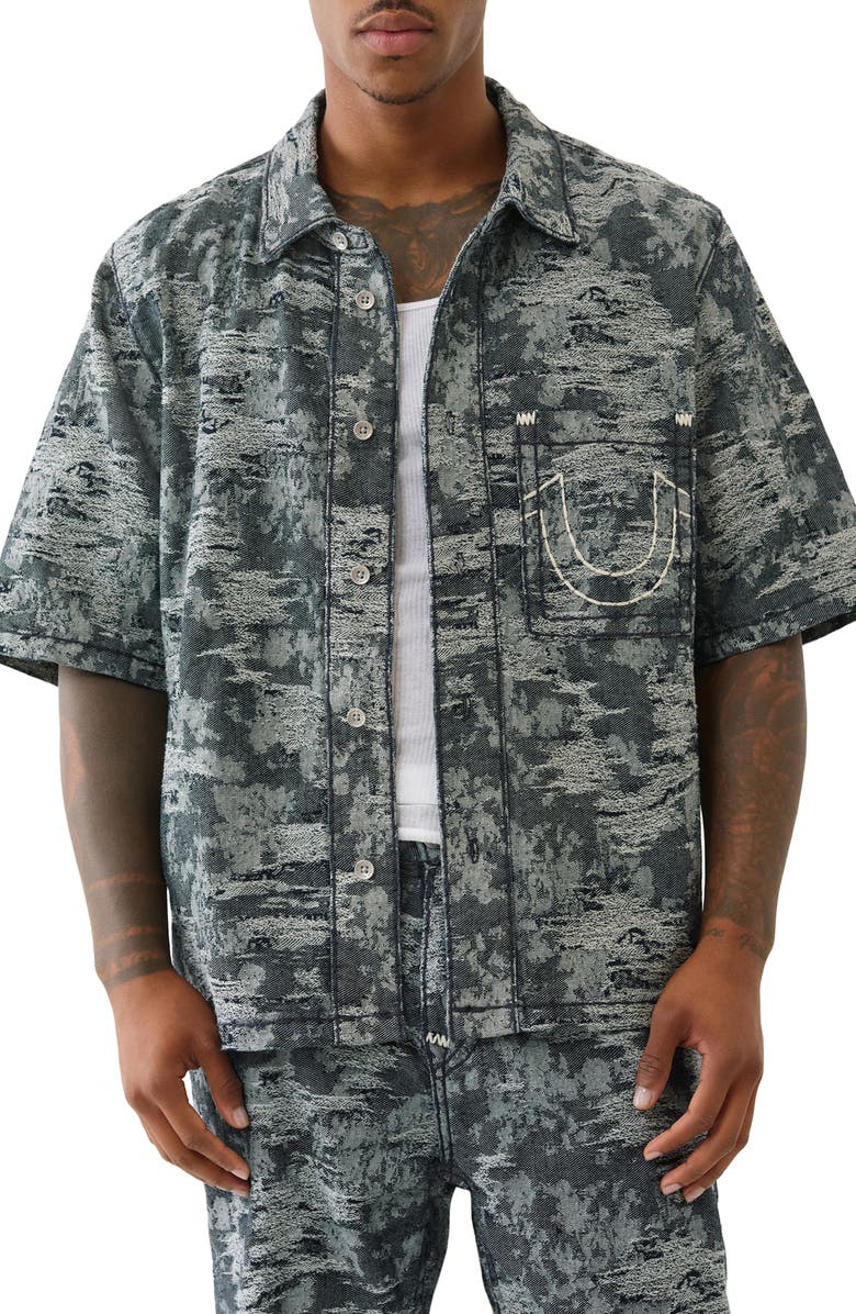 True Religion Super T Oversize Short Sleeve Distressed Denim Button-Up Shirt, Main, color, Midnight Rider Dark Wash