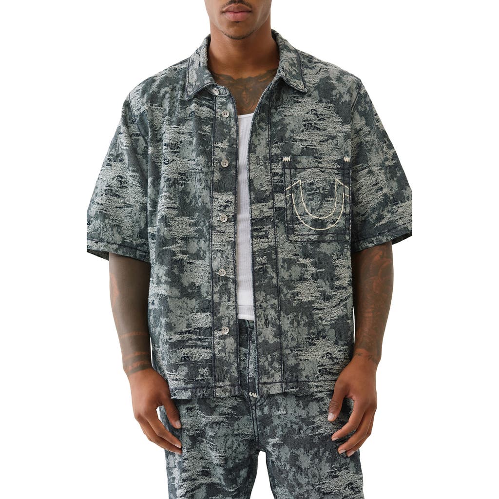 True Religion Super T Oversize Short Sleeve Distressed Denim Button-up Shirt In Multi