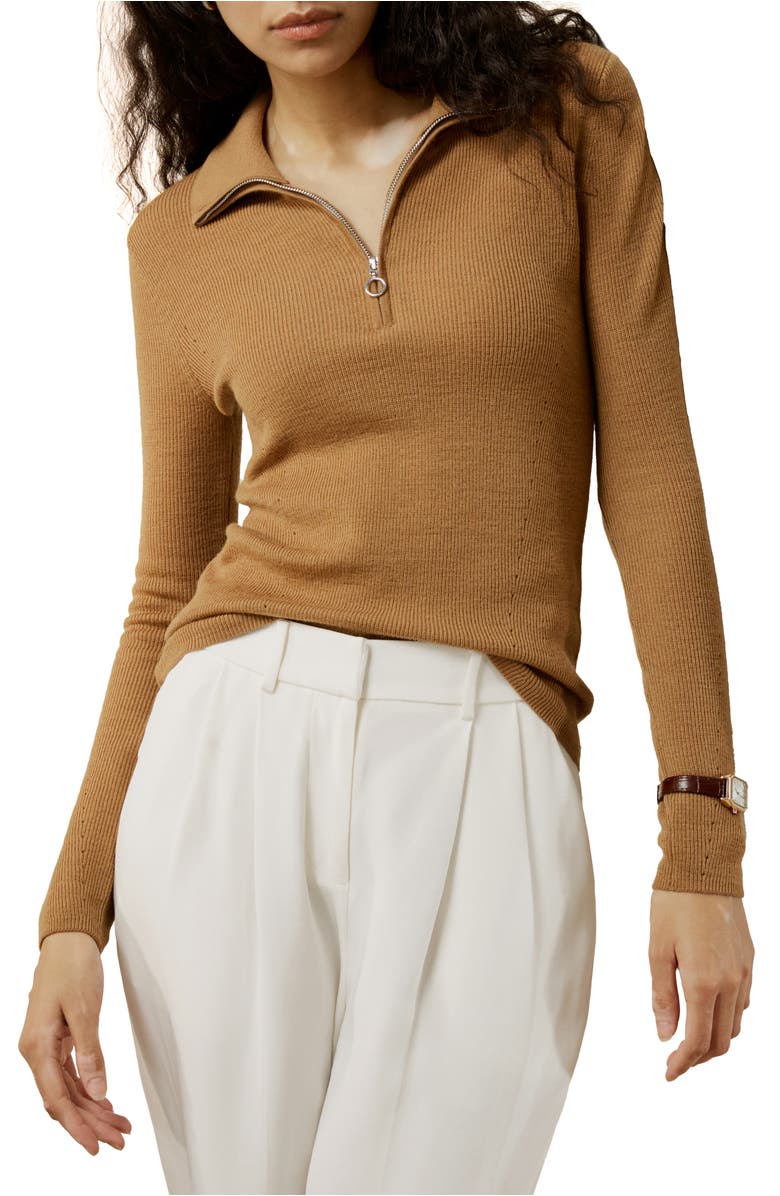 Lilysilk Gaia Ribbed Half Zip Ultra-fine Merino Wool Sweater, Main, color, Camel