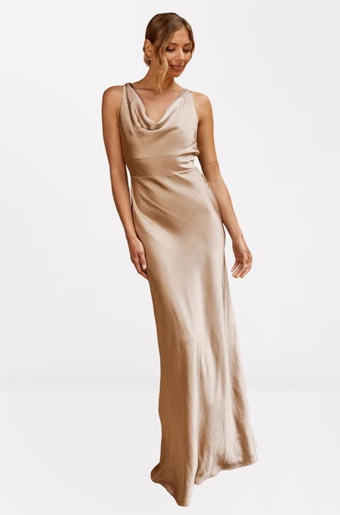 Cowl Front Satin Bridesmaid Dress