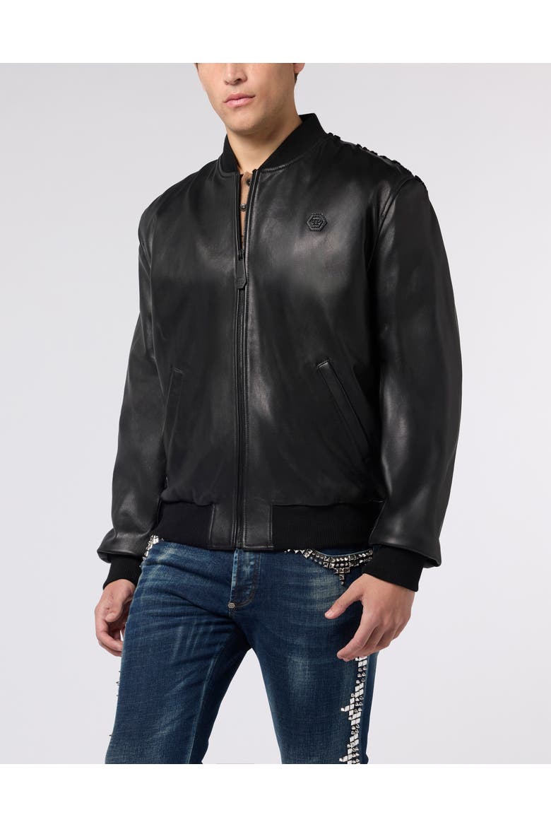 Leather Bomber Dragon Skull Men, Main, color, black